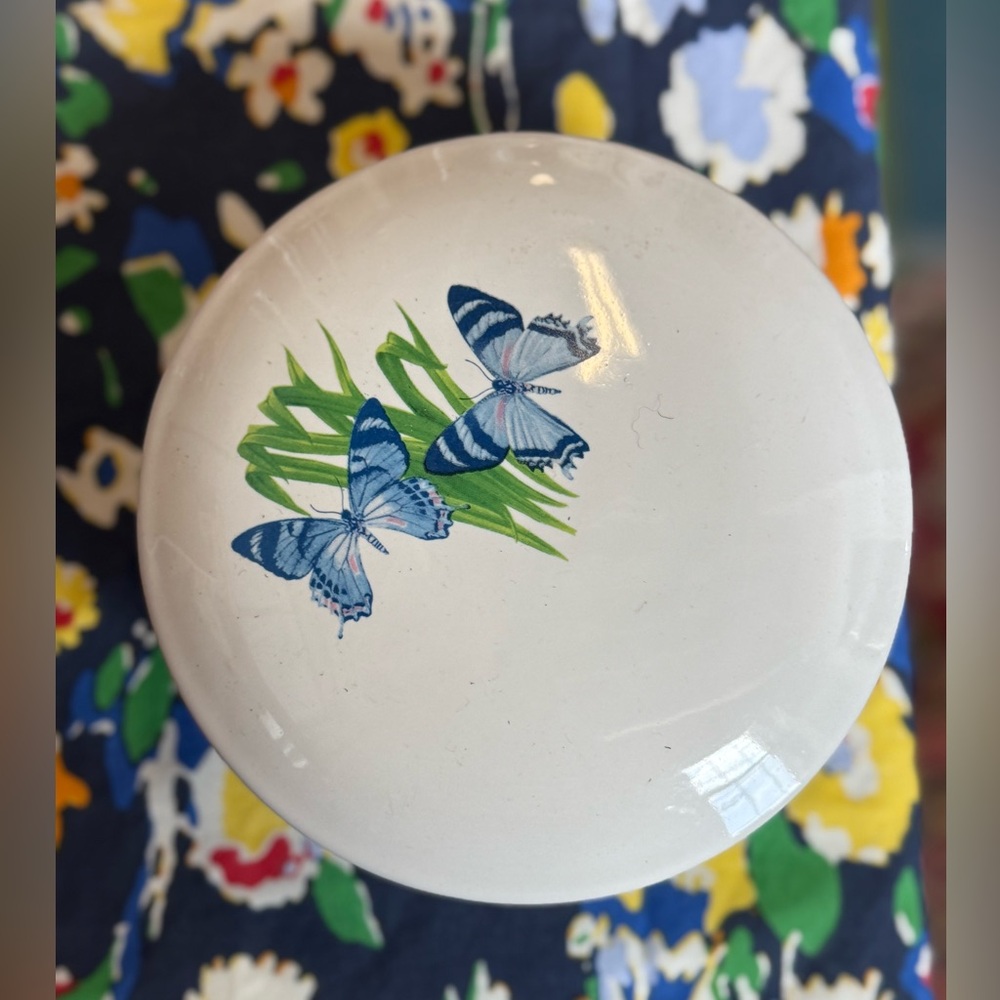 White Ceramic trinket box with Blue Butterfly Design